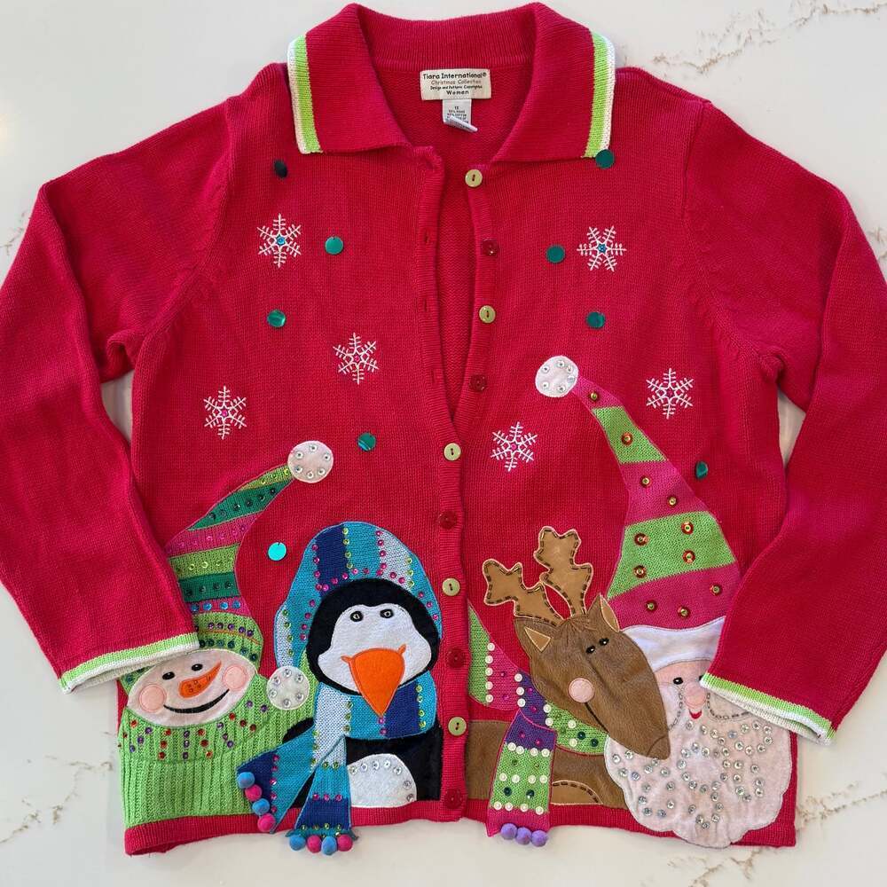 Tiara International Christmas Collection Women's 1X Red Cardigan Sweater